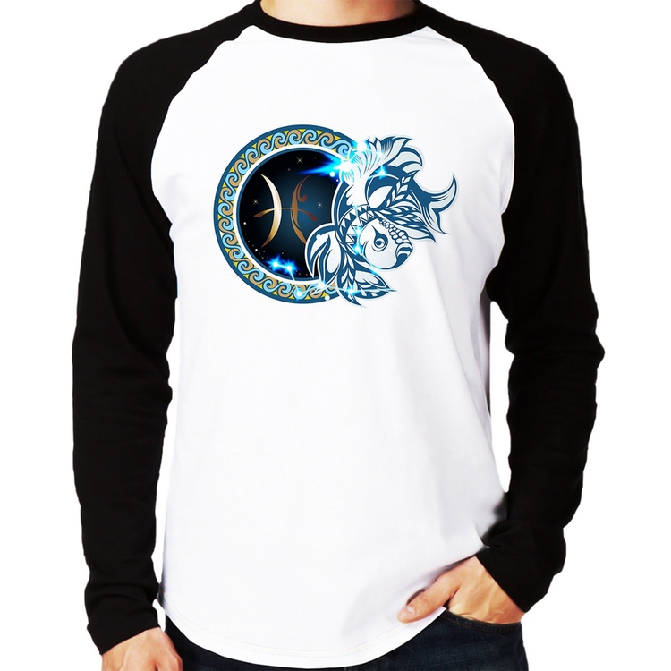 Camiseta Raglan Signo Peixes Astrologia Manga Longa