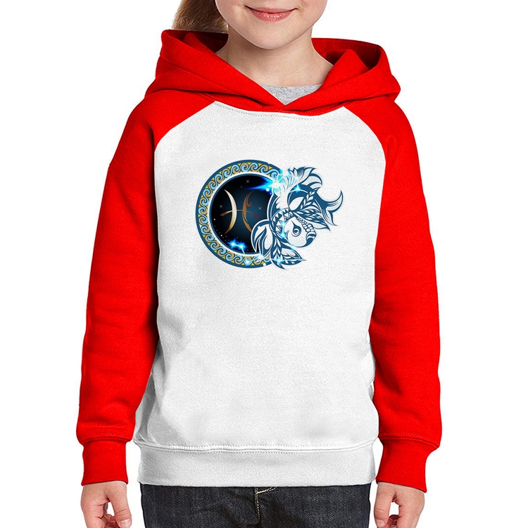 Moletom Infantil Signo Peixes Astrologia - Branco/Vermelho