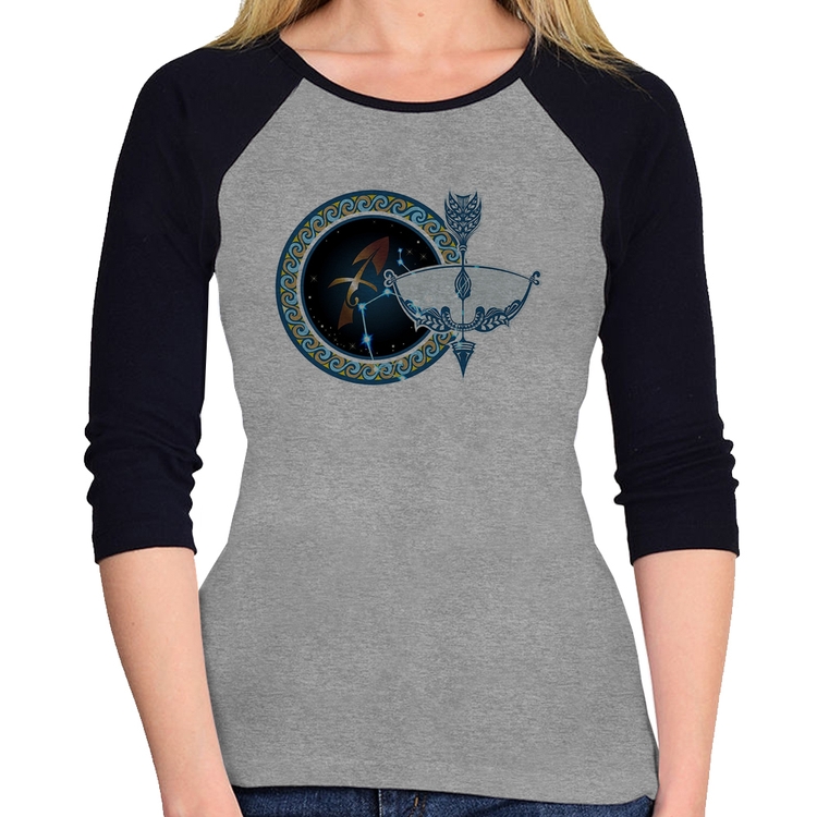 Baby Look Raglan Signo Sagitário Astrologia Manga 3/4 - Cinza/Preto