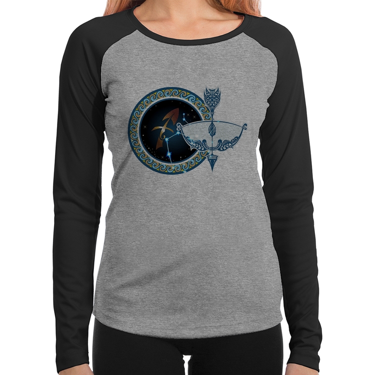 Baby Look Raglan Signo Sagitário Astrologia Manga Longa - Cinza/Preto