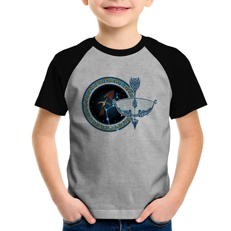 Camiseta Raglan Infantil Signo Sagitário Astrologia - Cinza/Preto