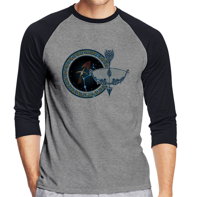 Camiseta Raglan Signo Sagitário Astrologia Manga 3/4 - Cinza/Preto