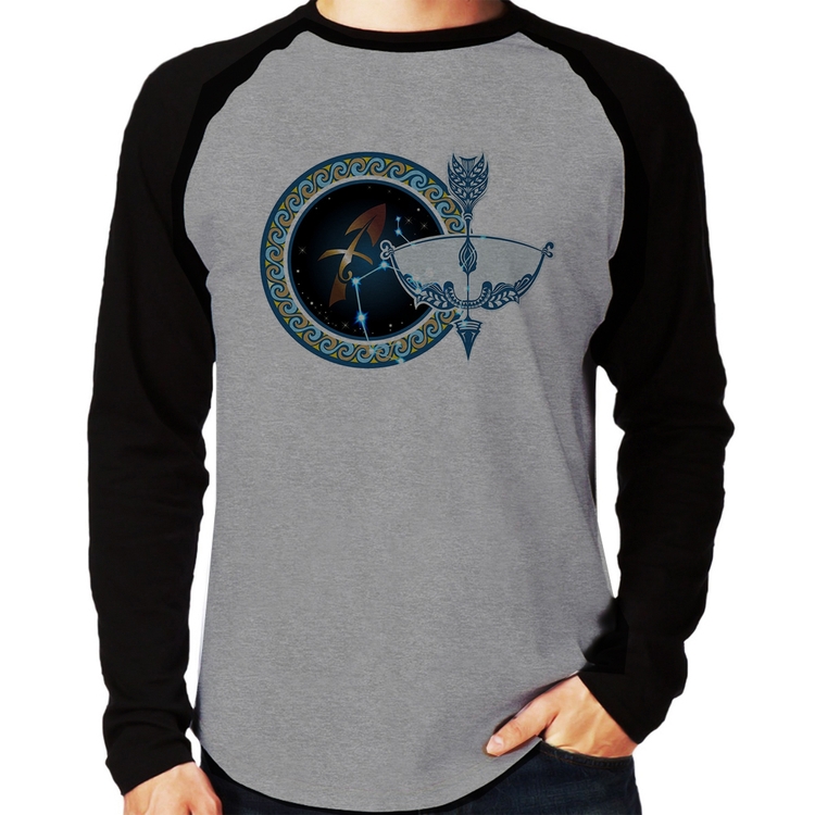Camiseta Raglan Signo Sagitário Astrologia Manga Longa - Cinza/Preto