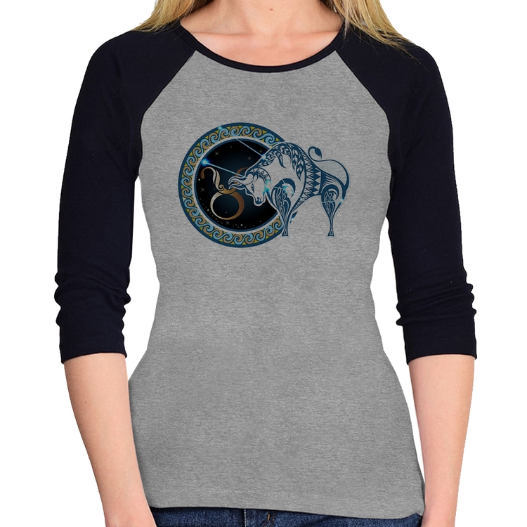 Baby Look Raglan Signo Touro Astrologia Manga 3/4 - Cinza/Preto