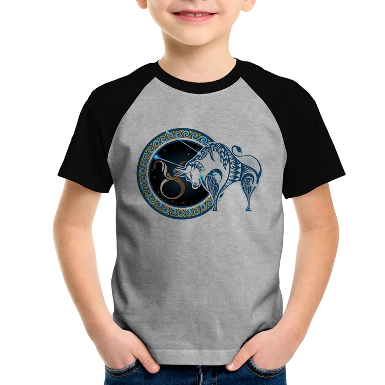 Camiseta Raglan Infantil Signo Touro Astrologia - Cinza/Preto