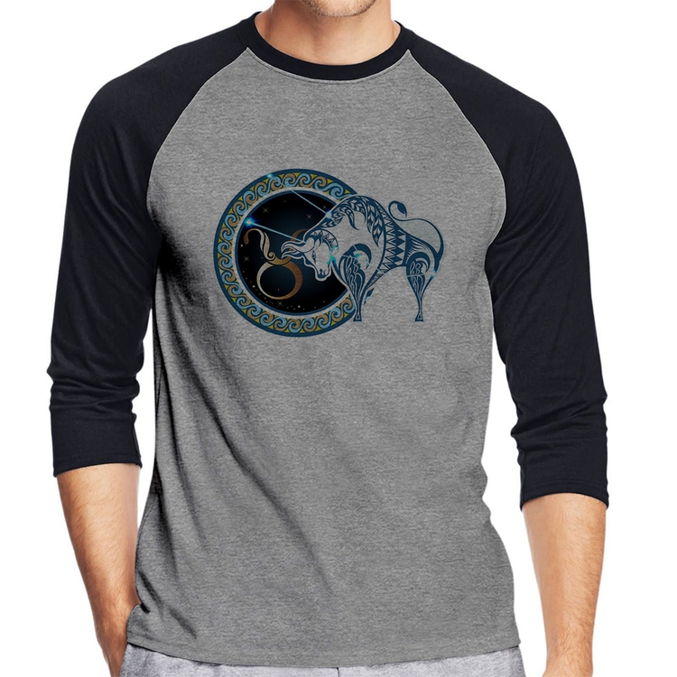 Camiseta Raglan Signo Touro Astrologia Manga 3/4 - Cinza/Preto