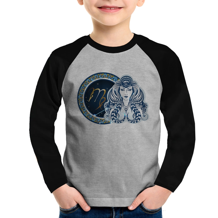 Camiseta Raglan Infantil Signo Virgem Astrologia Manga Longa - Cinza/Preto