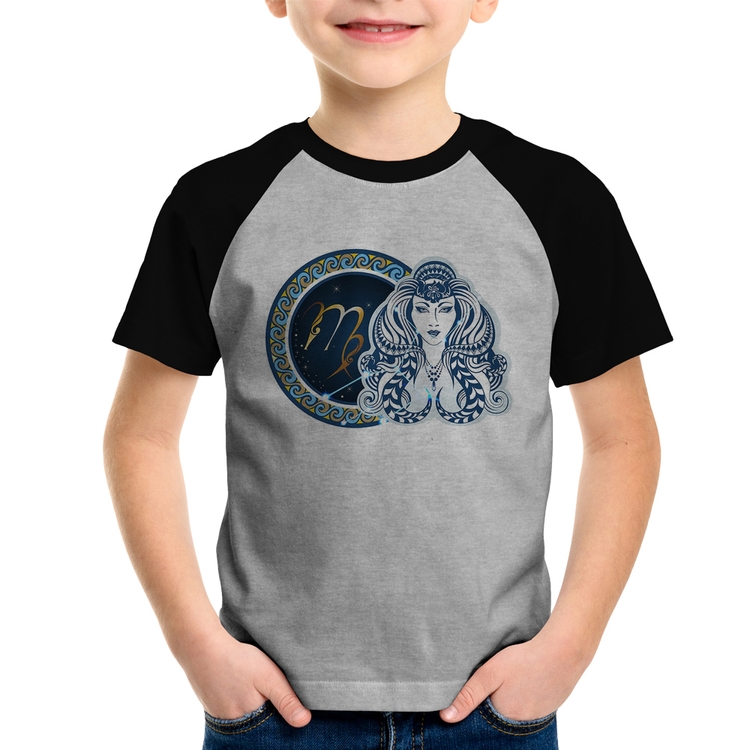 Camiseta Raglan Infantil Signo Virgem Astrologia - Cinza/Preto