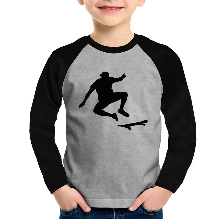Camiseta Raglan Infantil Skatista Manobra Manga Longa - Cinza/Preto