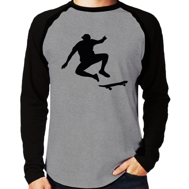 Camiseta Raglan Skatista Manobra Manga Longa - Cinza/Preto