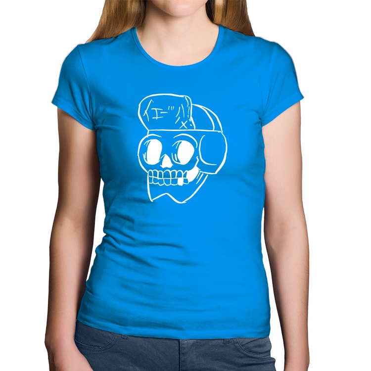 Baby Look Algodão Skull Skeleton - Azul