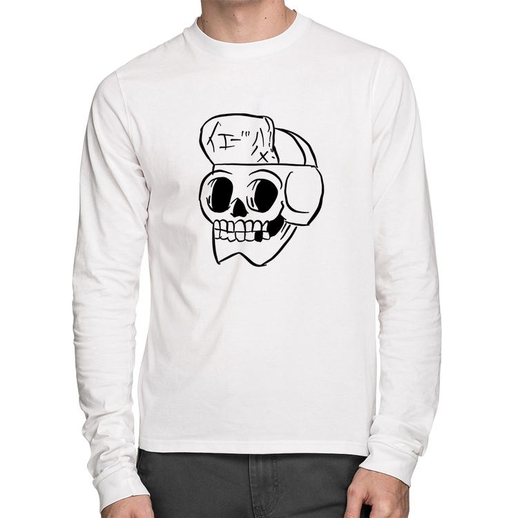 Camiseta Algodão Skull Skeleton Manga Longa - Branca