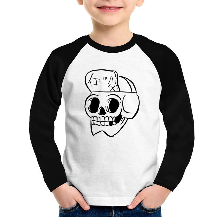 Camiseta Raglan Infantil Skull Skeleton Manga Longa