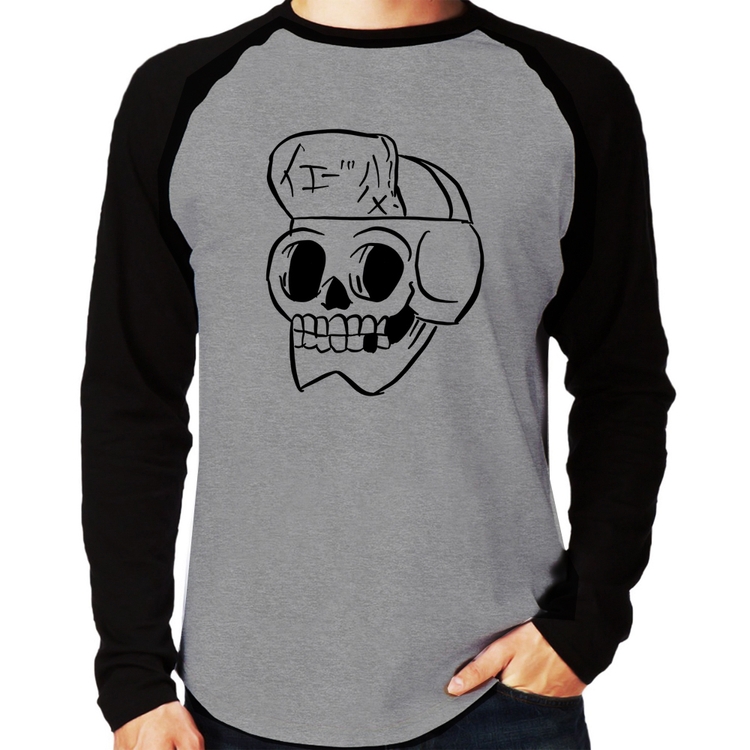 Camiseta Raglan Skull Skeleton Manga Longa - Cinza/Preto