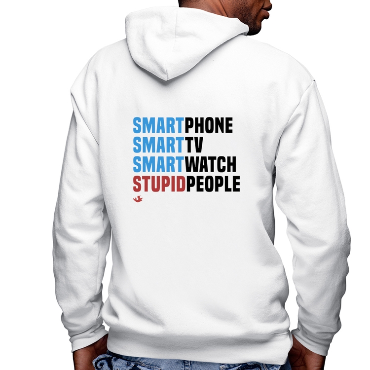 Blusa Moletom Smart Things, Stupid People Masculina com Capuz e Zíper - Branca