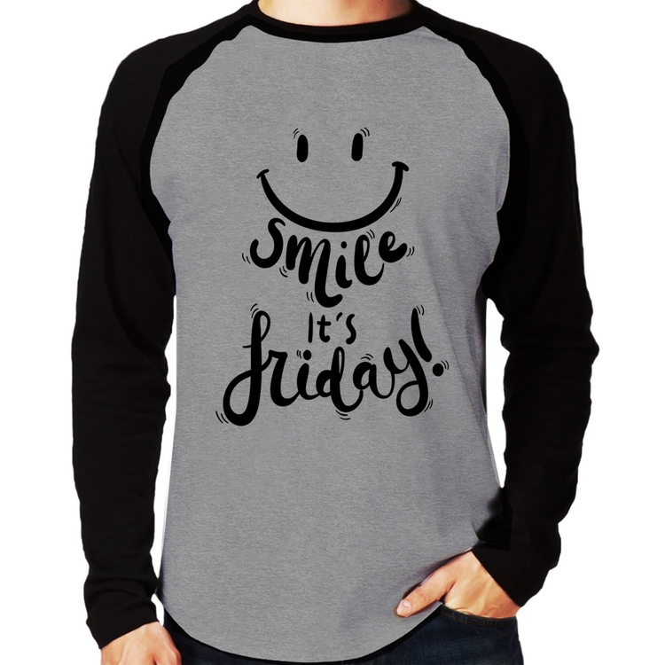 Camiseta Raglan Smile, It's Friday! Manga Longa - Cinza/Preto