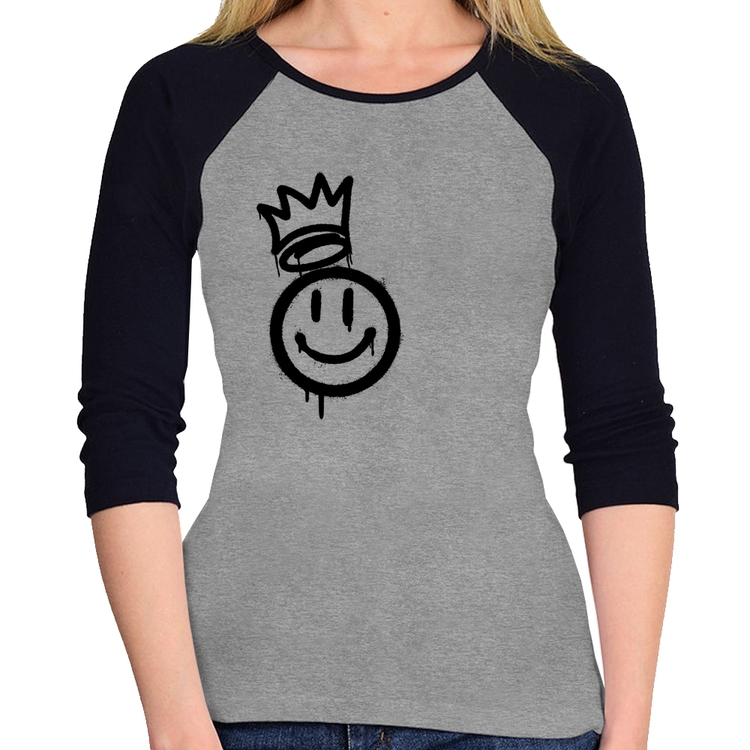Baby Look Raglan Smile Kingdom Manga 3/4 - Cinza/Preto