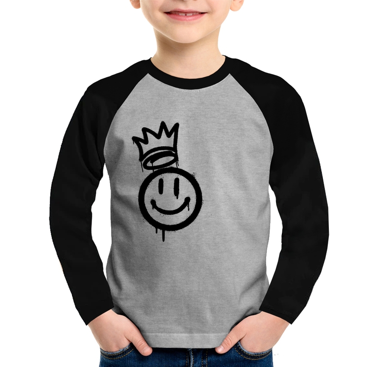 Camiseta Raglan Infantil Smile Kingdom Manga Longa - Cinza/Preto