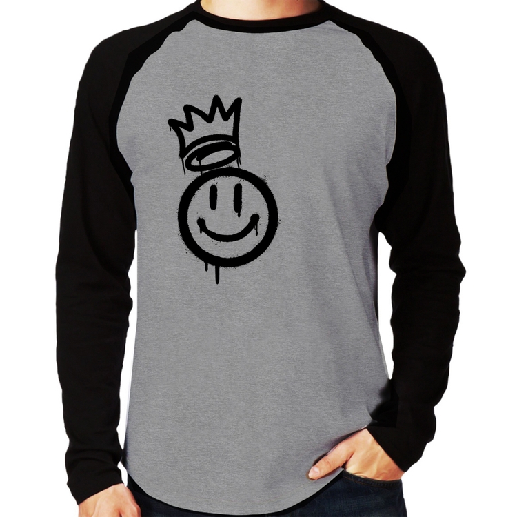 Camiseta Raglan Smile Kingdom Manga Longa - Cinza/Preto