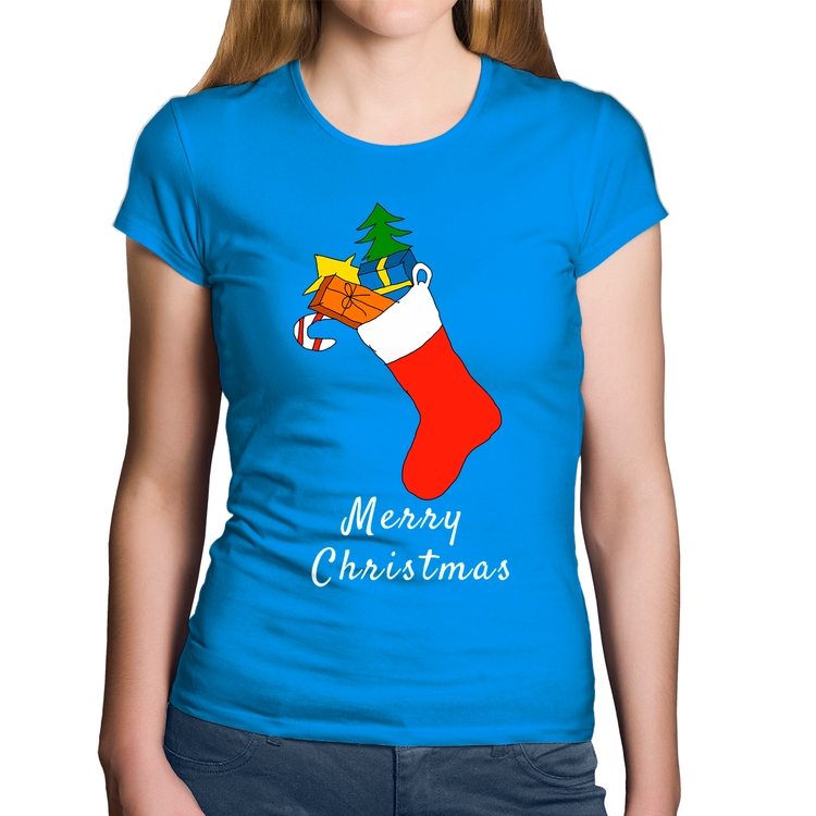 Baby Look Algodão Socket Merry Christmas - Azul