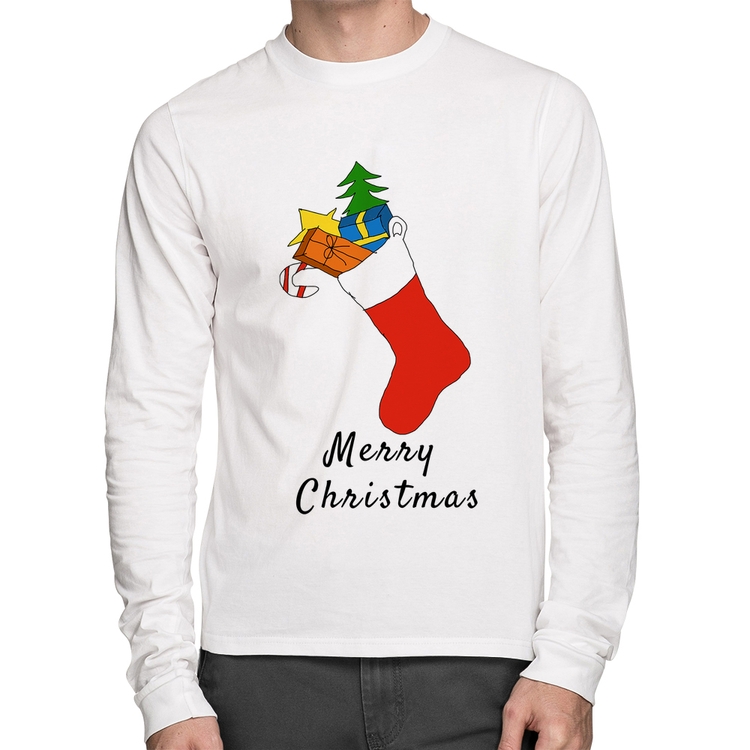 Camiseta Algodão Socket Merry Christmas Manga Longa - Branca