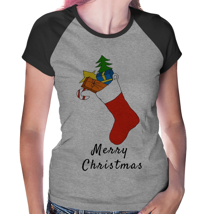 Baby Look Raglan Socket Merry Christmas - Cinza/Preto