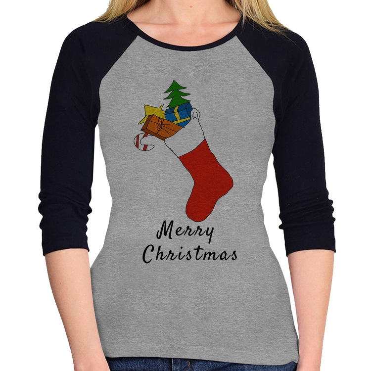Baby Look Raglan Socket Merry Christmas Manga 3/4 - Cinza/Preto