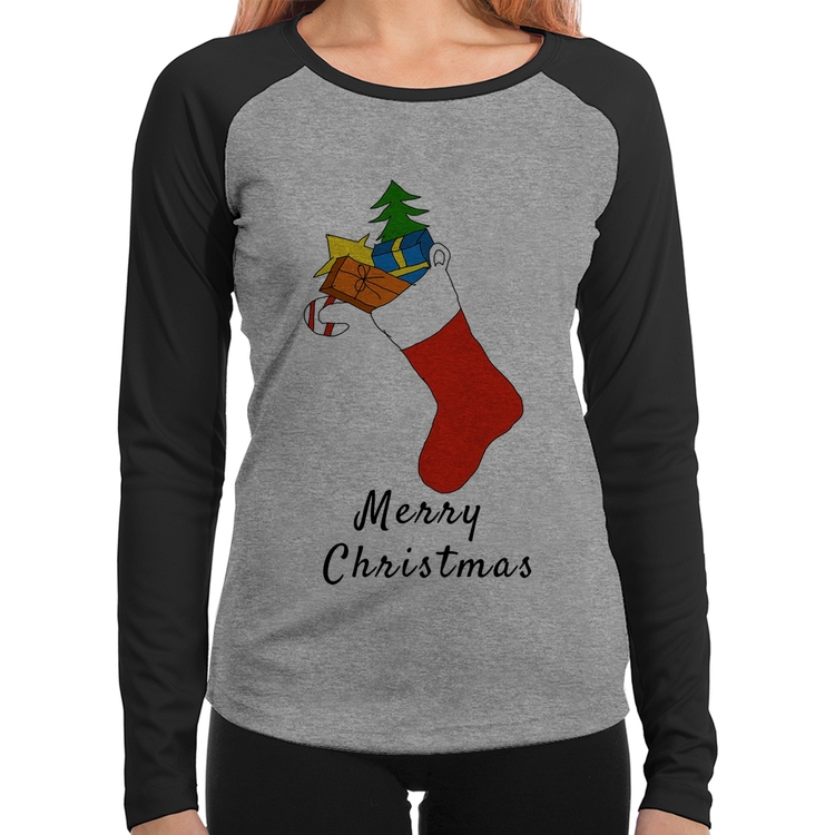 Baby Look Raglan Socket Merry Christmas Manga Longa - Cinza/Preto