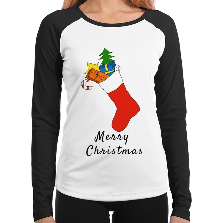 Baby Look Raglan Socket Merry Christmas Manga Longa
