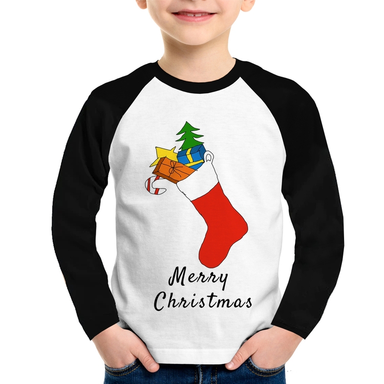 Camiseta Raglan Infantil Socket Merry Christmas Manga Longa