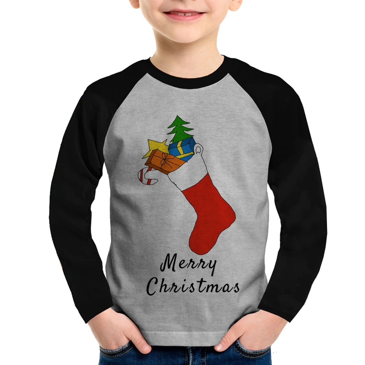 Camiseta Raglan Infantil Socket Merry Christmas Manga Longa - Cinza/Preto