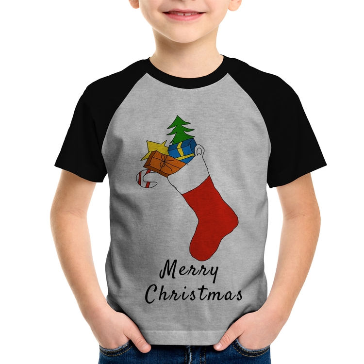 Camiseta Raglan Infantil Socket Merry Christmas - Cinza/Preto