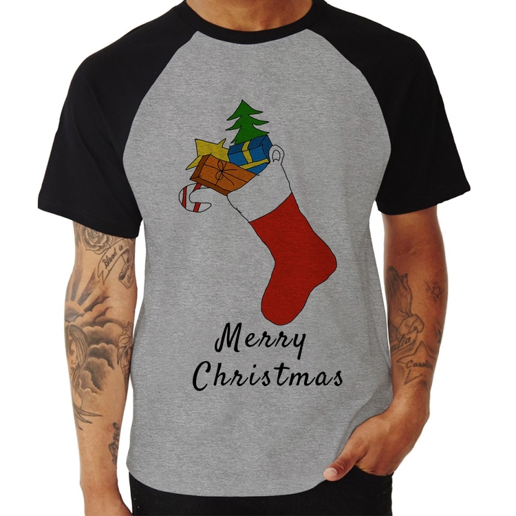 Camiseta Raglan Socket Merry Christmas - Cinza/Preto