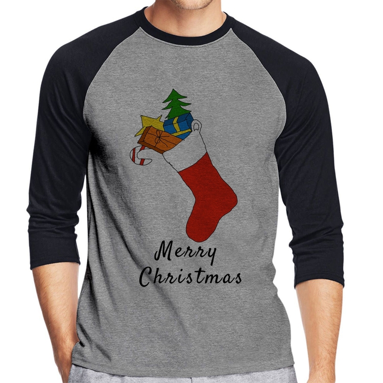 Camiseta Raglan Socket Merry Christmas Manga 3/4 - Cinza/Preto