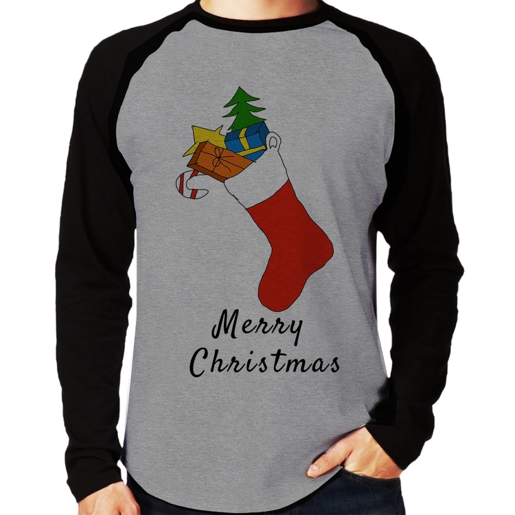 Camiseta Raglan Socket Merry Christmas Manga Longa - Cinza/Preto