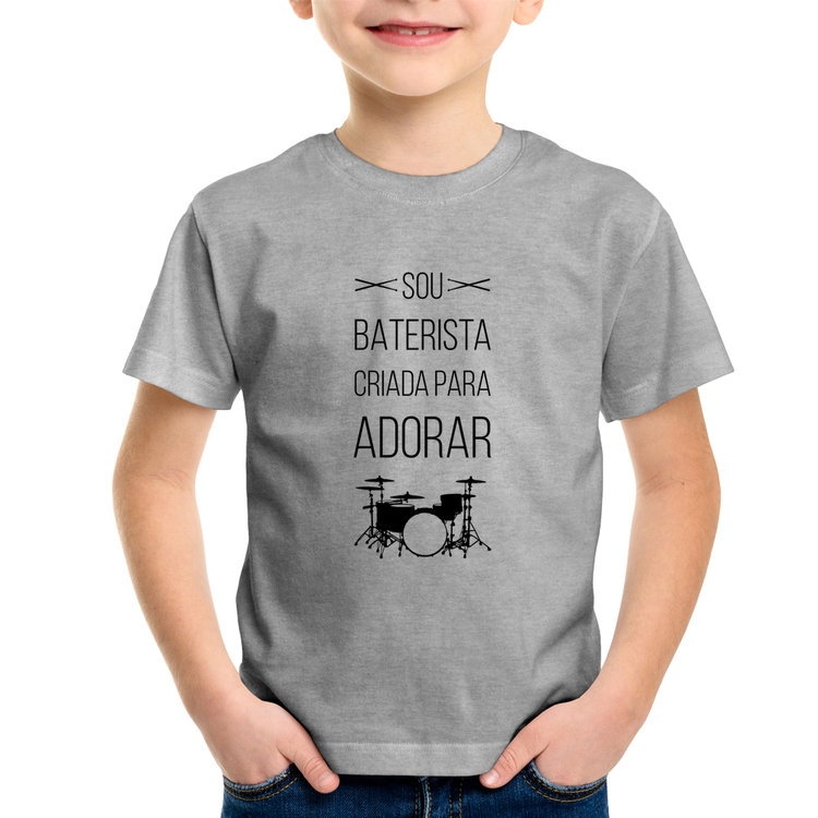 Camiseta Infantil Sou baterista criada para adorar - Cinza