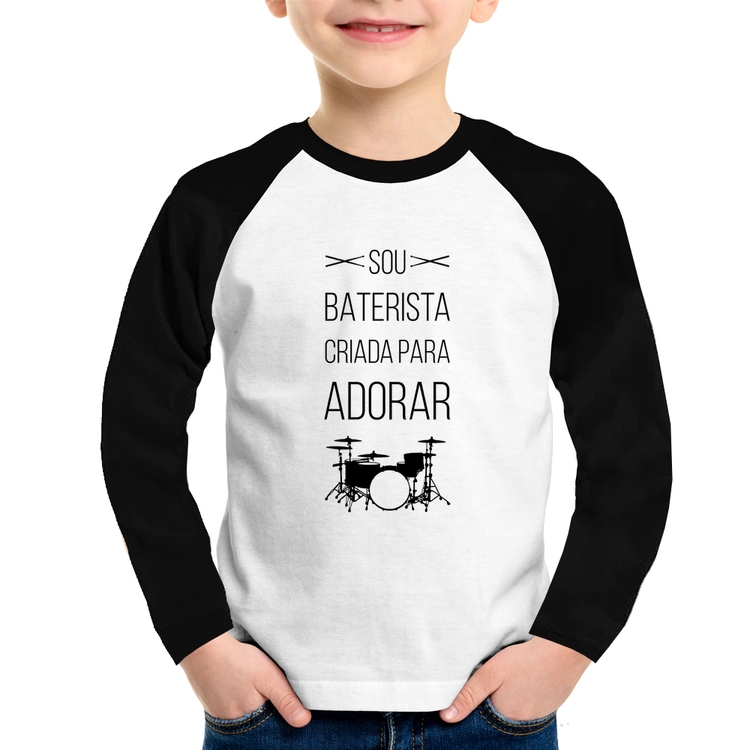 Camiseta Raglan Infantil Sou baterista criada para adorar Manga Longa