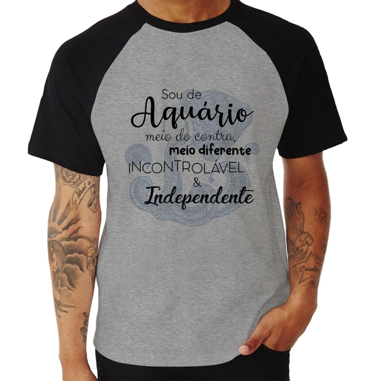 Camiseta Raglan Sou de Aquário - Cinza/Preto