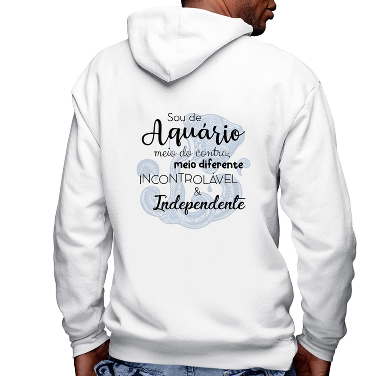 Blusa Moletom Sou de Aquário Masculina com Capuz e Zíper - Branca