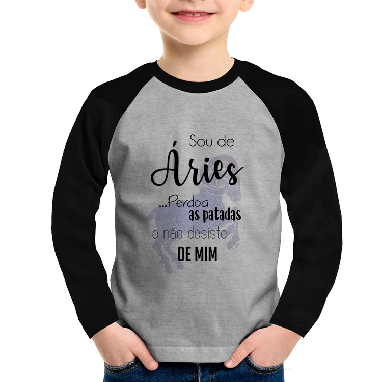 Camiseta Raglan Infantil Sou de Áries Manga Longa - Cinza/Preto