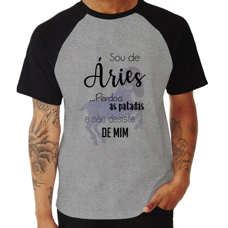 Camiseta Raglan Sou de Áries - Cinza/Preto
