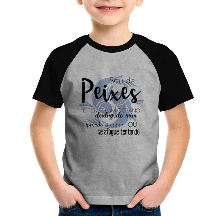 Camiseta Raglan Infantil Sou de Peixes - Cinza/Preto