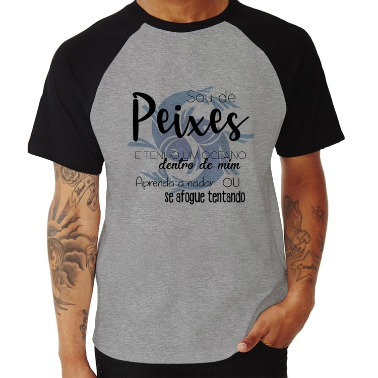 Camiseta Raglan Sou de Peixes - Cinza/Preto