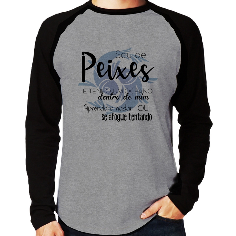 Camiseta Raglan Sou de Peixes Manga Longa - Cinza/Preto