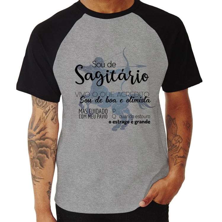 Camiseta Raglan Sou de Sagitário - Cinza/Preto