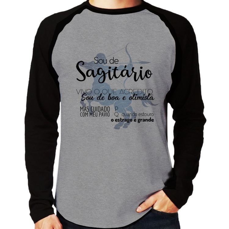 Camiseta Raglan Sou de Sagitário Manga Longa - Cinza/Preto