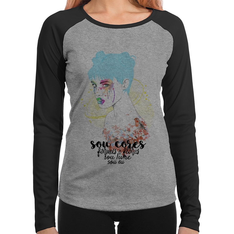Baby Look Raglan Sou eu Manga Longa - Cinza/Preto