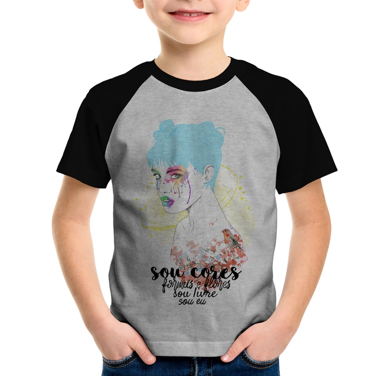 Camiseta Raglan Infantil Sou eu - Cinza/Preto