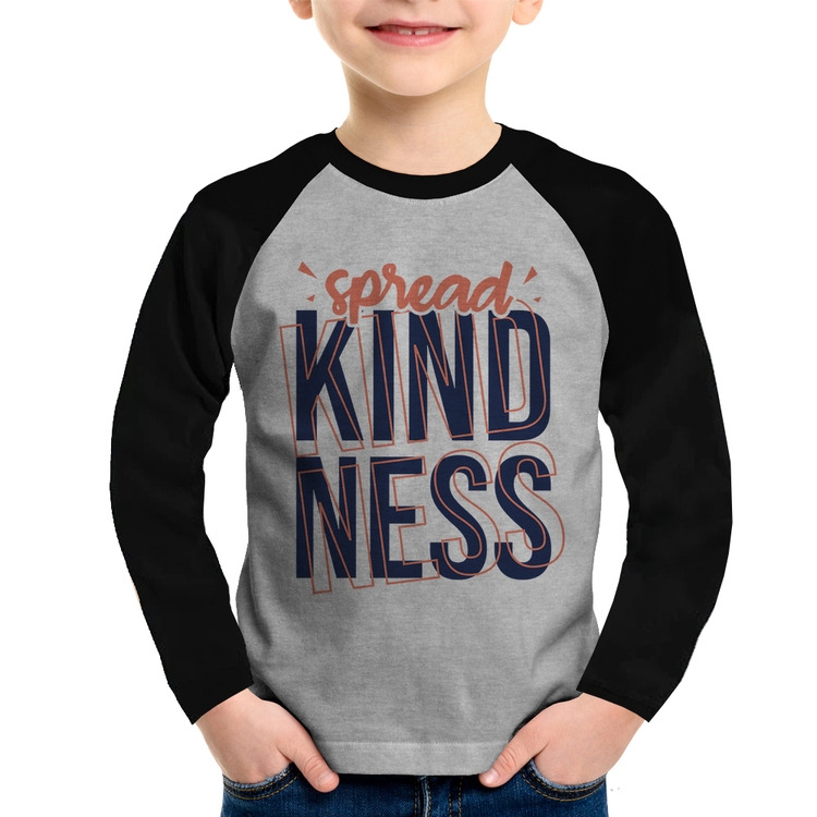 Camiseta Raglan Infantil Spread Kindness Manga Longa - Cinza/Preto