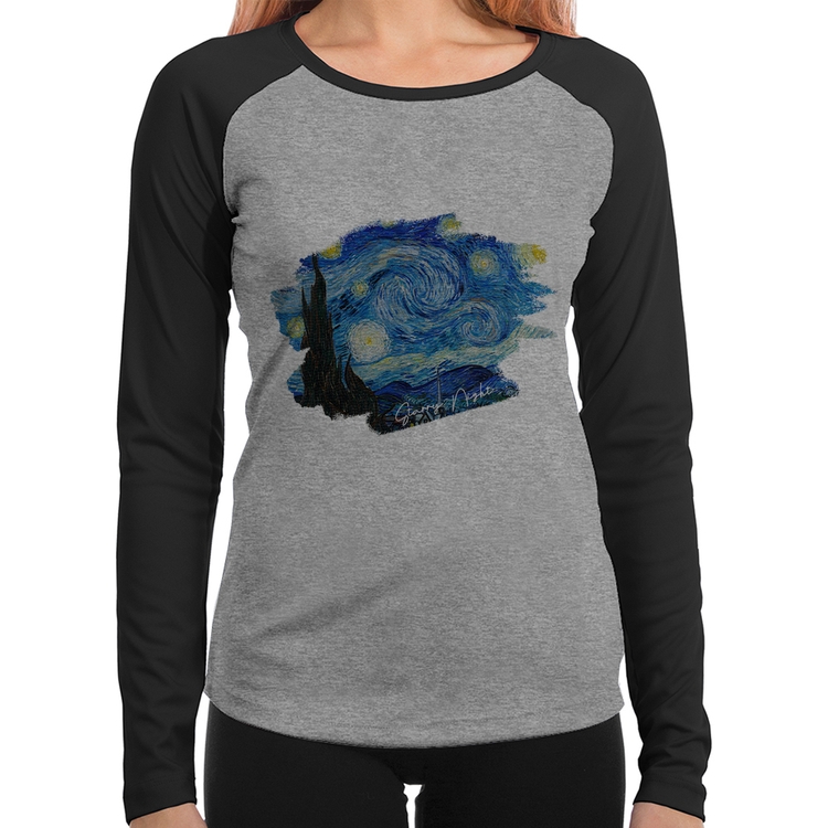 Baby Look Raglan Starry Night Manga Longa - Cinza/Preto